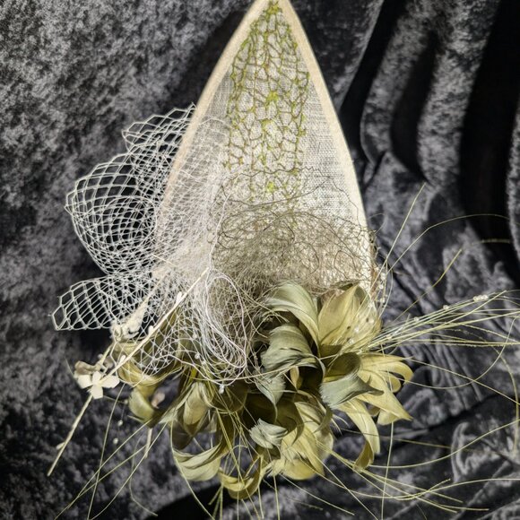 Ivory Fascinator with Olive Green & Ivory French Netting & Feathers main image 4